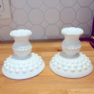 Vintage Fenton Hobnail Milk Glass Candle Sticks